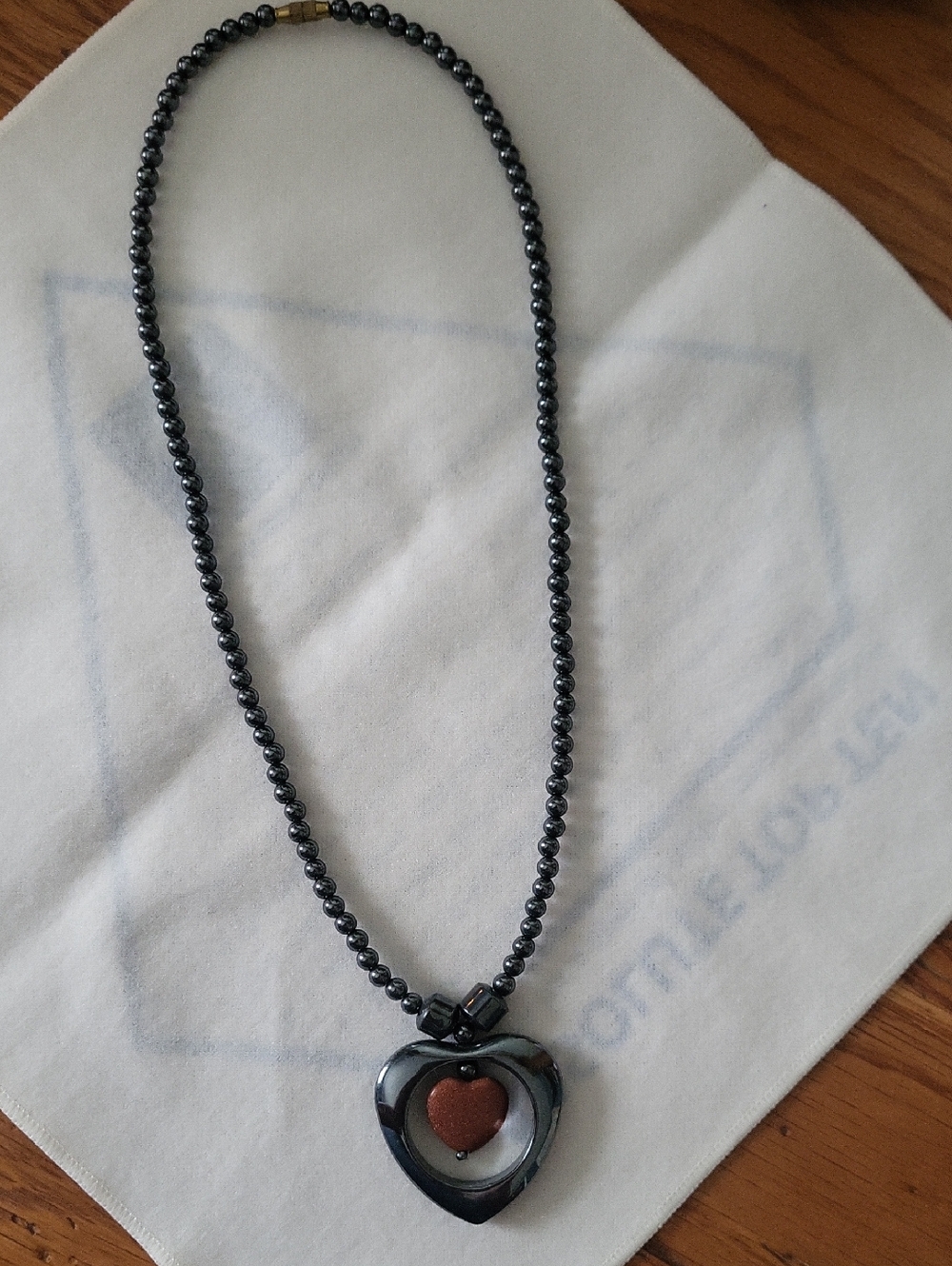 Heart Pendant Bead Necklace in Gunmetal and Brown Stone Wire Necklaces
